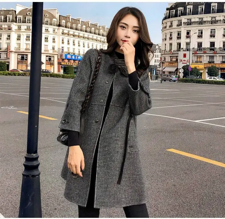 

2021 шерстяные куртки Осень-Зима корейские женские винтажные сращивающиеся женские ремни с длинным рукавом 3/4 женская накидка