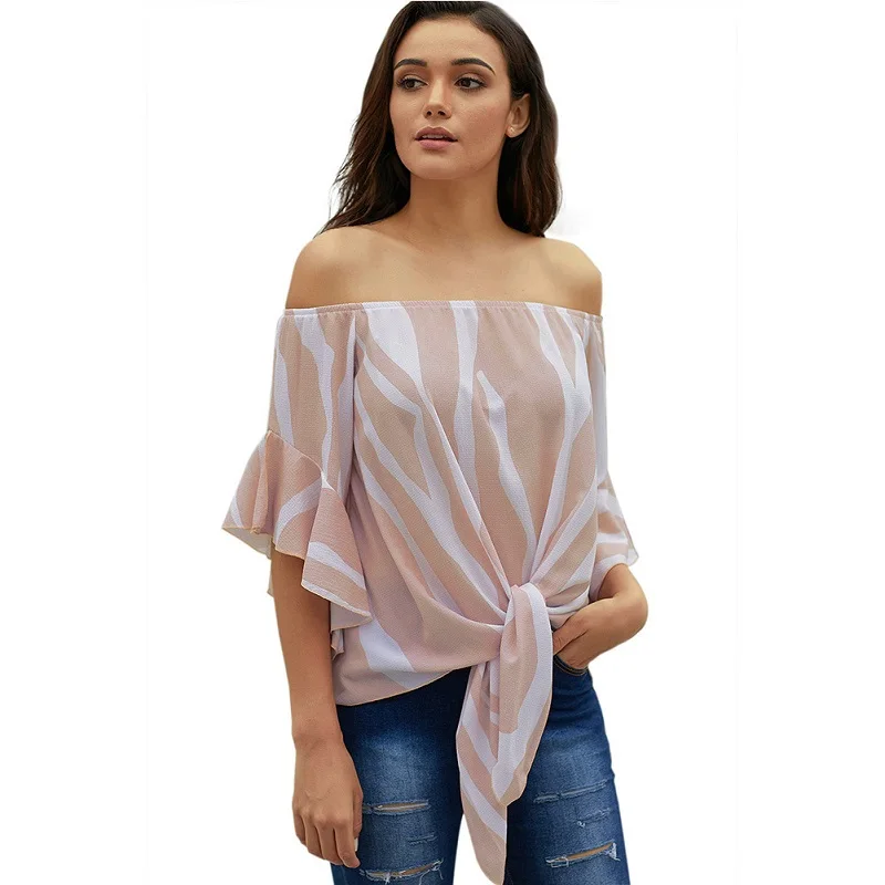 

2021 summer sexy women's chiffon shirt women's summer single neck flared Sleeve Striped sleeve