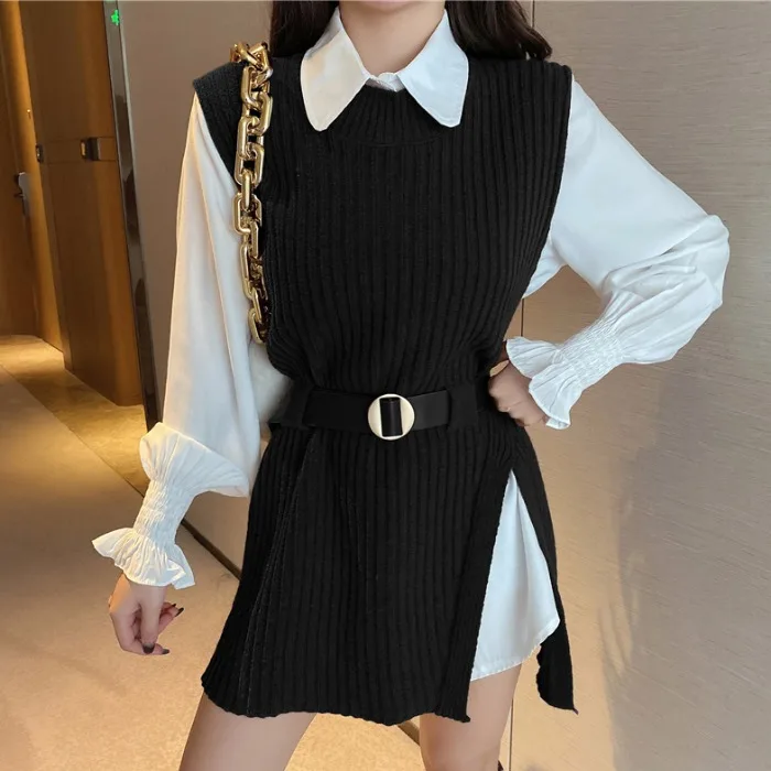 

2021 Spring New Female O-Neck Split Knitted With Belt Vest Sweater + Lantern Sleeve Cotton Shirts Two-Piece Sets Women Suits