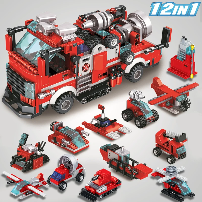 

MOC Creative 12 in 1 Tunnel fire truck 336pcs City Fire Fighters Police Car DIY Model Building Blocks Bricks Toys For children