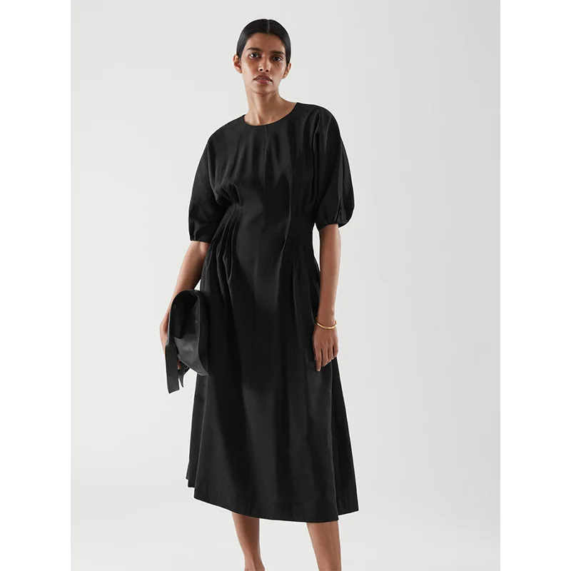

Cos style 2021 spring and summer new round neck bubble sleeves loose temperament fashion medium and long casual dress women