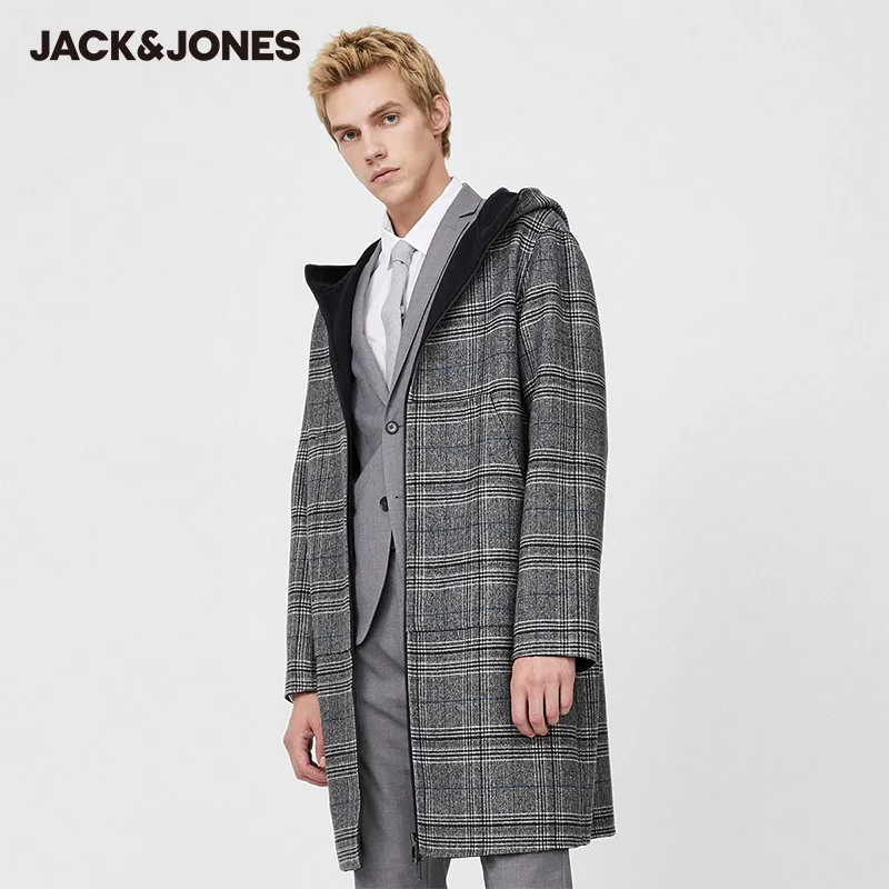 

JackJones Men's Reversible Hooded Stand-up Collar Plaid Mid-length Woolen Overcoat| 219427520