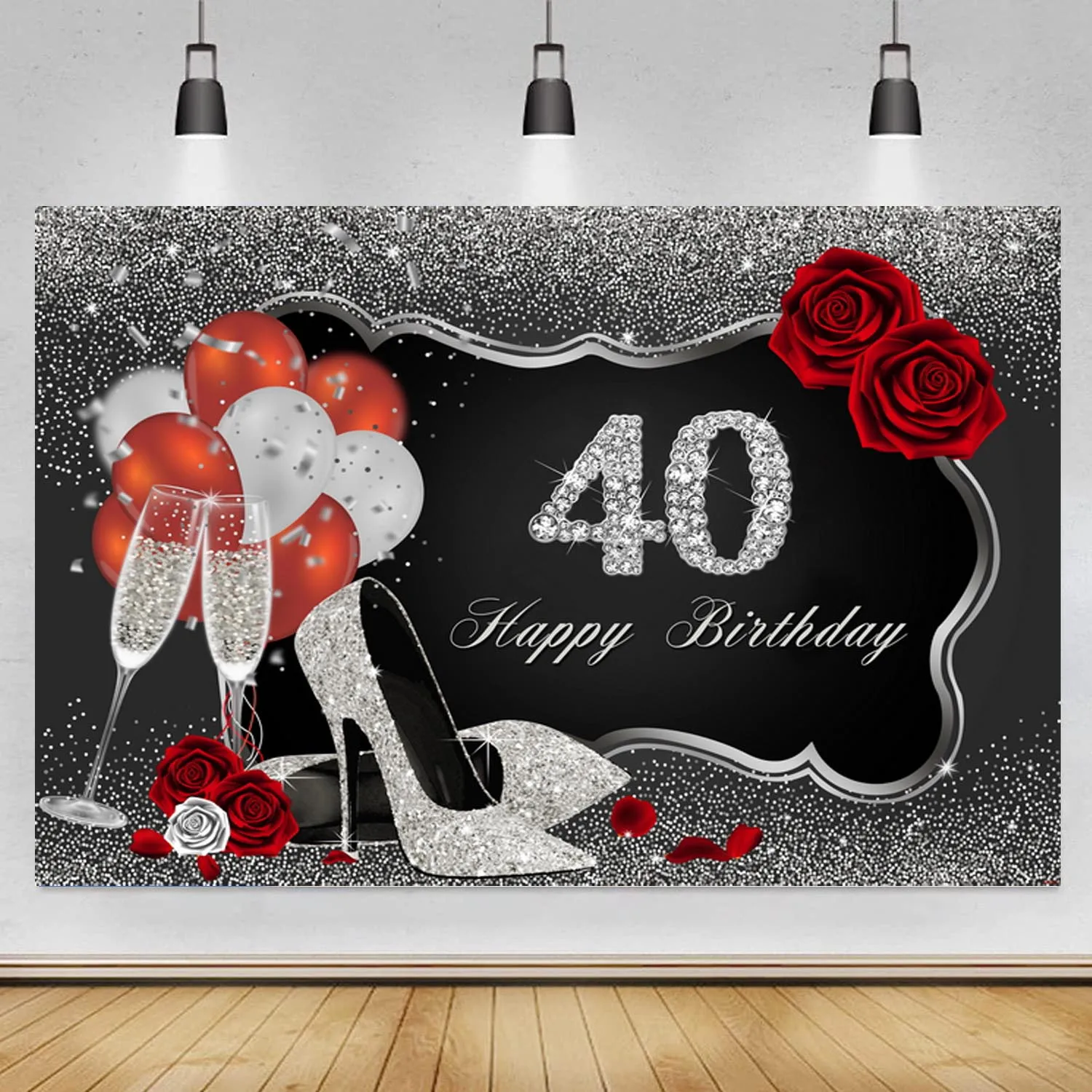 

Glitter Sliver And Black 40th Backdrop Red Rose Lady Women Happy Birthday Party Photography Background Photocall Prop Banner