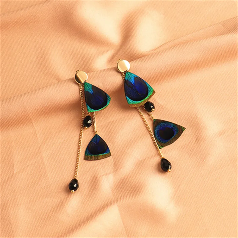 Богемные висячие серьги с кисточками перьями павлина для женщин НОВЫЕ