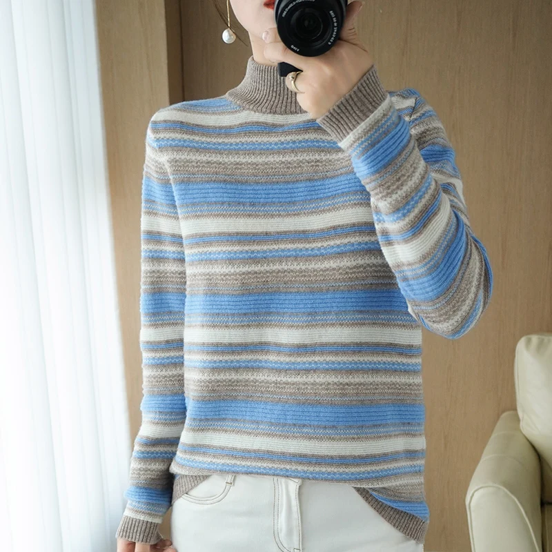 

Autumn And Winter New 100% Pure Wool Sweater Women Half High Neck Striped Pullover Sweater Thick Knitted Large Size Sweater