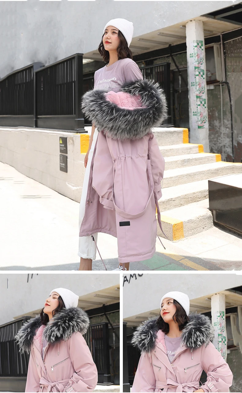 Длинная парка, хлопковое пальто для женщин, зимняя новая куртка, уплотненная плюшевая Женская куртка,, большой размер, верхняя одежда с капюшоном, меховой воротник, пуховик