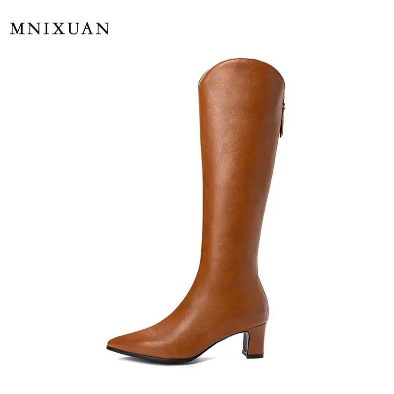 

MNIXUAN High Heels Boots Women winter Punk Shoes 2019 new pointed toe back zipper knee high boots block high heels brown shoes