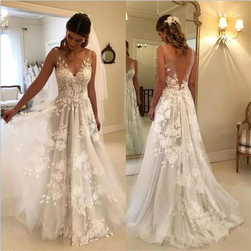 

Retro Lace Appliques Wedding Dress For Bride Backless Backless Garden Bridal Dress Vintage Robe De Mariee Dubai Style