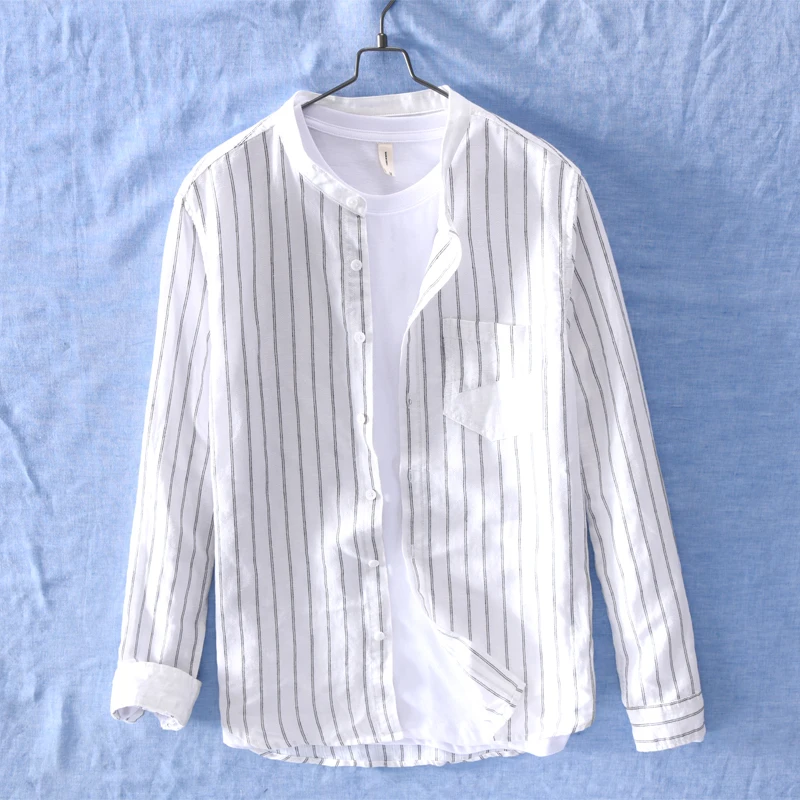 Белая рубашка в полоску с воротником-стойкой летняя и осенняя мужская брендовая