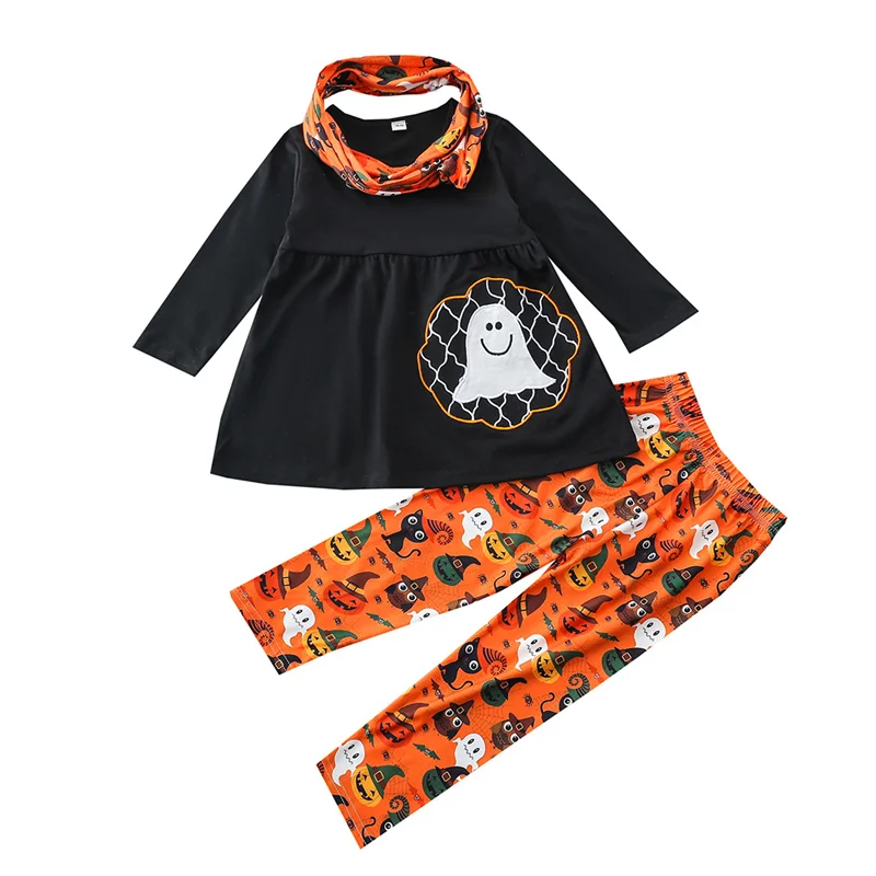 

1-6Year Children Girls Halloween Outfits,Toddler Baby Girl Ghost Embroidery Long Sleeve O-neck Tops+Pumpkin Print Trousers+Scarf