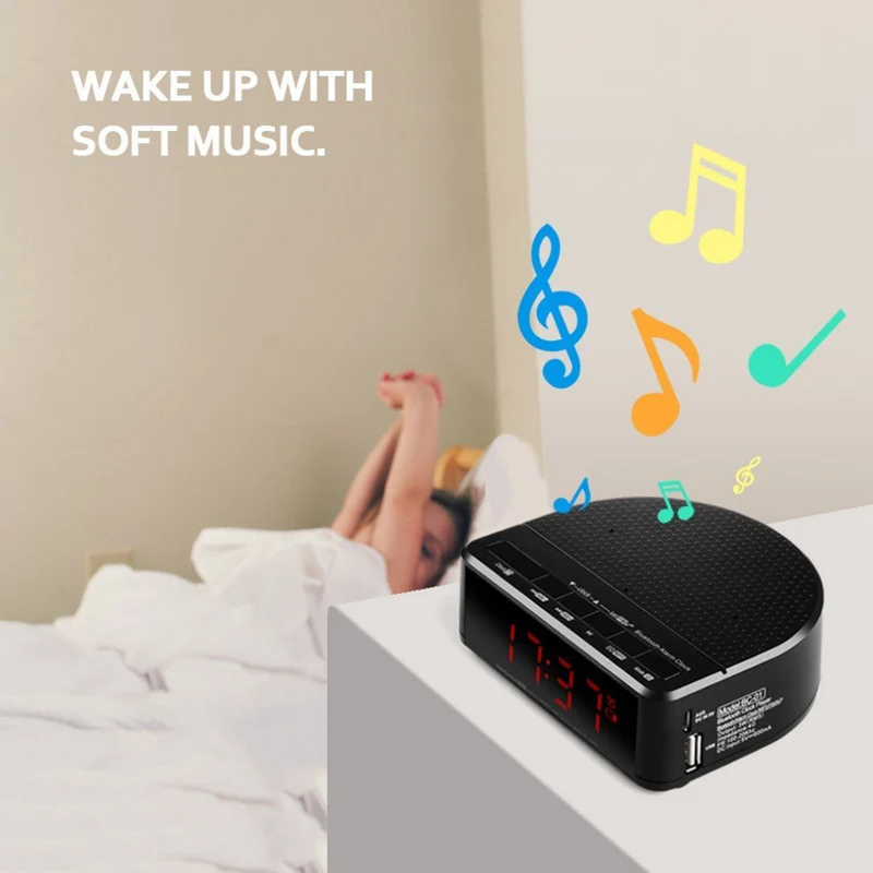 

Digital Alarm Clock Radio with Bluetooth Speaker,Red Digit Display with 2 Dimmer,FM radio, USB Port Bedside led Alarm Clock.