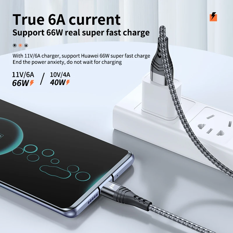 6A 66W USB Type C Cable SCP For Huawei Mate 40 Pro 1/2/3M 5A Fast Charging Charger Data Cord for Xiaomi Samsung OPPO | Мобильные