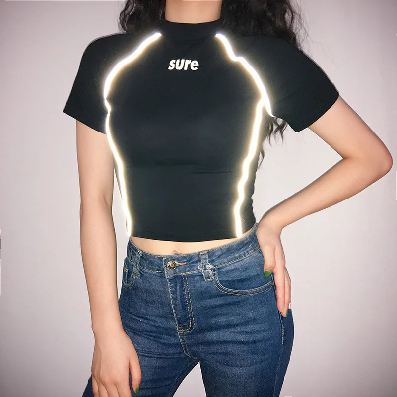 2019 Женская хлопковая Футболка с буквенным принтом повседневная Светоотражающая