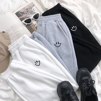 smiley face embroidery women sweat pants autumn winter tie tight high waist loose plush thickened casual pants