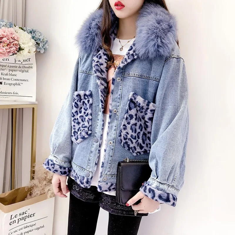 Модная женская джинсовая куртка свободного кроя с леопардовым принтом пэтчворк