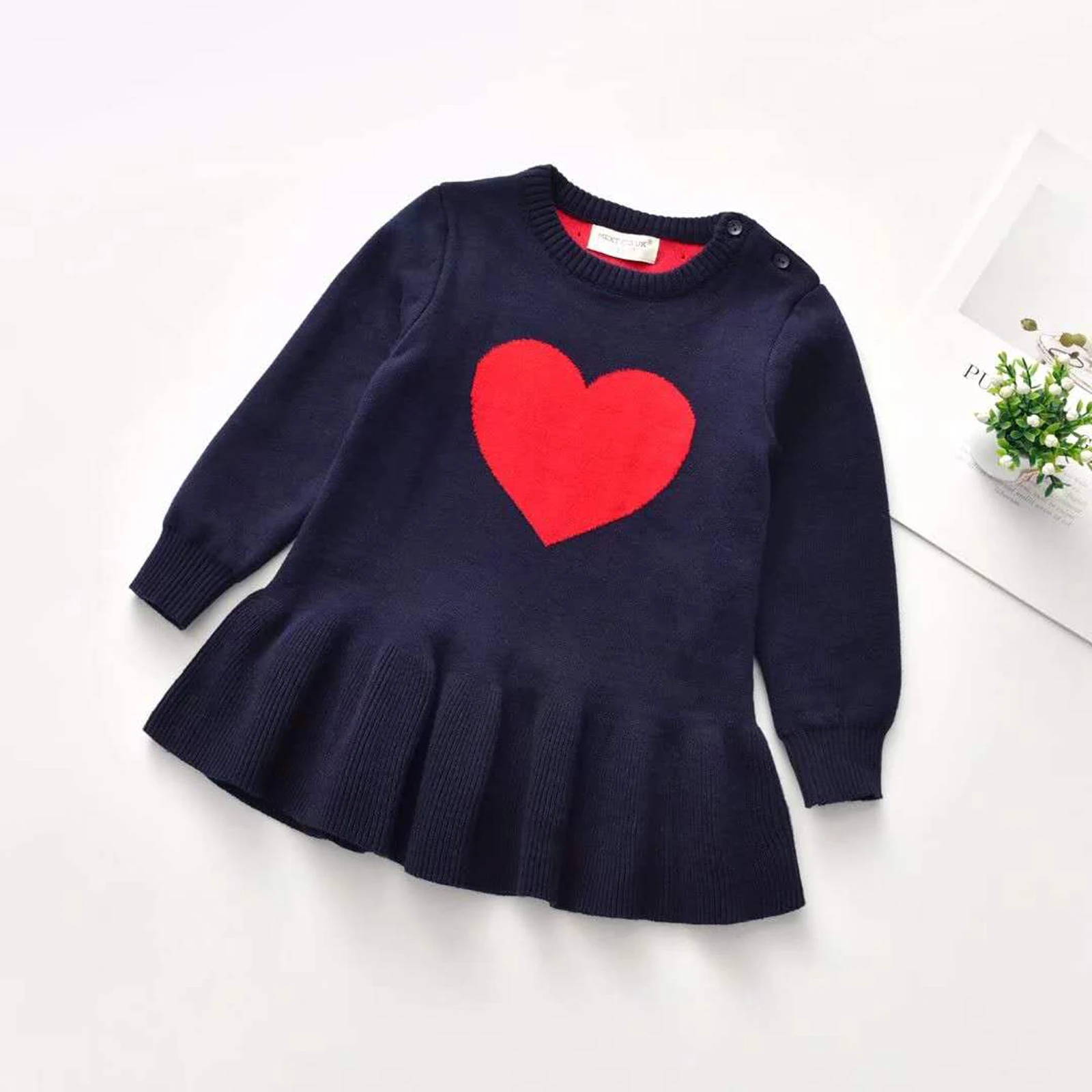 

Autumn Winter Kids Girls Knitted Warm Sweater Dress Toddler Love Heart Print Long Sleeves Round Neck Princess Dress for Girl