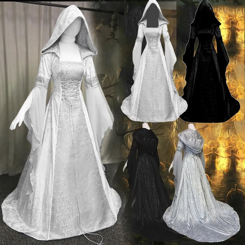 Женское винтажное платье до пола однотонное вечернее с капюшоном и длинным