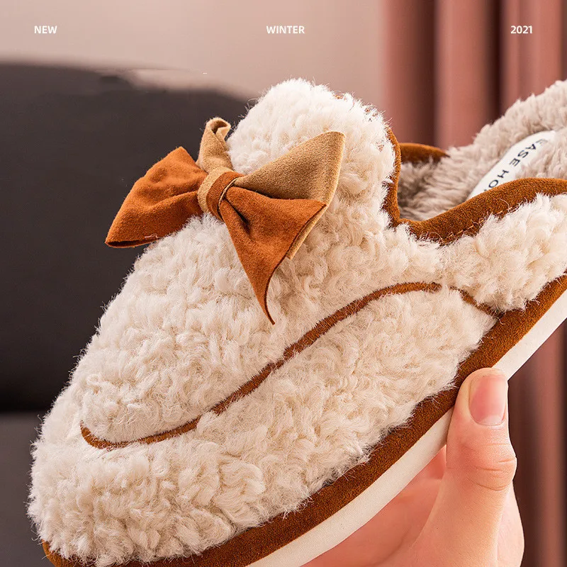 

Winter Women Home Slippers Comfortable Hairy Warm Shoes Bow-Knot Non-Slip Furry Floor Slides Ladies Short Plush Cotton Slippers
