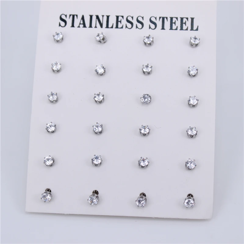 Diameter 3MM 12pair Нержавеющая сталь ювелирные изделия 12 пар/компл. серебро Цвет Диаметр с диагональю экрана 3-6 мм высокое качество серьги с цирконием кубической огранки для WomenZN30 - Окраска металла: Diameter 3MM 12pair
