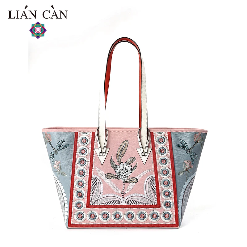 LIAN CAN вместительная Повседневная сумка с вышивкой из натуральной кожи сумки