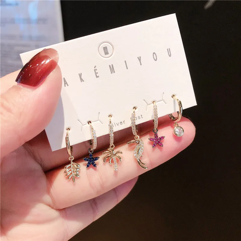 

2021 New Inlaid With Shining Color Zircon Starfish Earrings South Korean Style Seabirds Earring 6Pcs/Set For Charm Women Jewelry