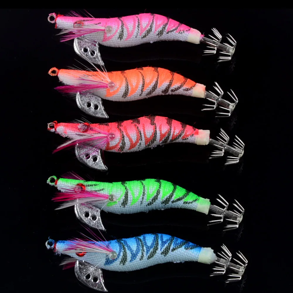 5Pcs 7.2g 8cm 5 Colors Squid Bait Wooden Shrimp Jig Hook Fishing Octopus Lures Cuttlefish Artificial Jigging Lure with Bag