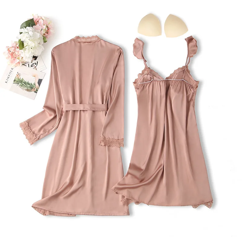 

Women Robe Set Kimono Bathrobe Gown Satin 2PCS Sleepwear Sexy Silky Home Clothes Lace Intimate Lingerie 2021 New Nightwear