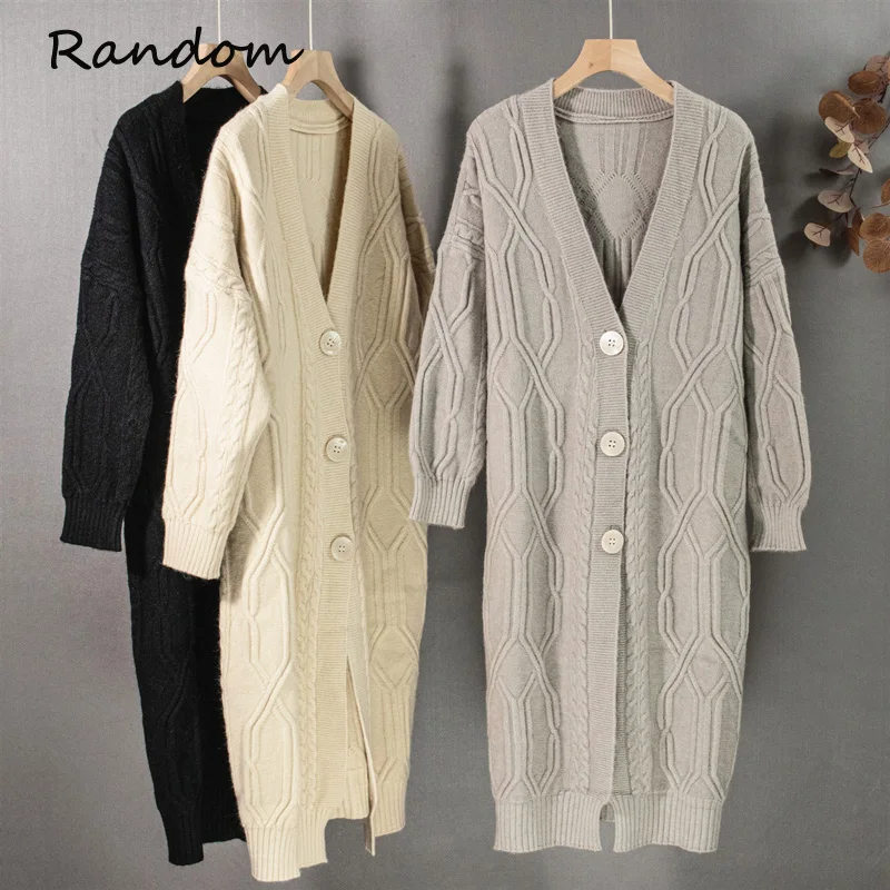 

2021 Winter Thicken Cashmere Long Cardigan Sweater Women Maxi Long Sleeve Twist Kint Buttons Up Top Chic Y2K Clothing Outwear