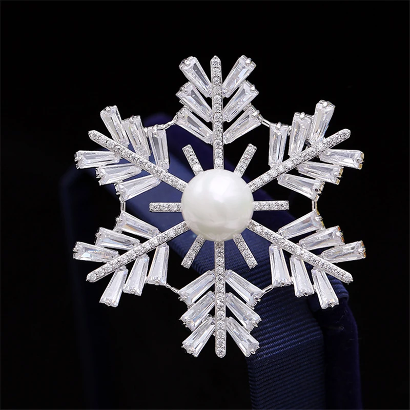 

Fashion Women Large Brooches Snowflake Cubic Zirconia Imitation Pearls Wedding Bridal Party Bouquet Brooch Pin Lady Jewelry