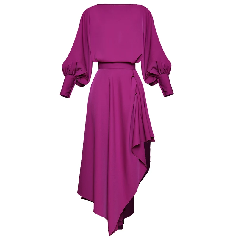 Janeyiren Fashion purple Spring Summer Suit Designer Women Lantern Sleeve Loose Tops+ Asymmetrical skirt Two-piece set