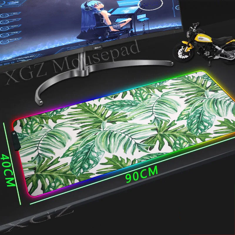 

XGZ Large RGB Gaming Mouse Pad Black Lock Edge LED Illuminated MousePad Customization Banana Green Leaf Decorate Your Desk Mat