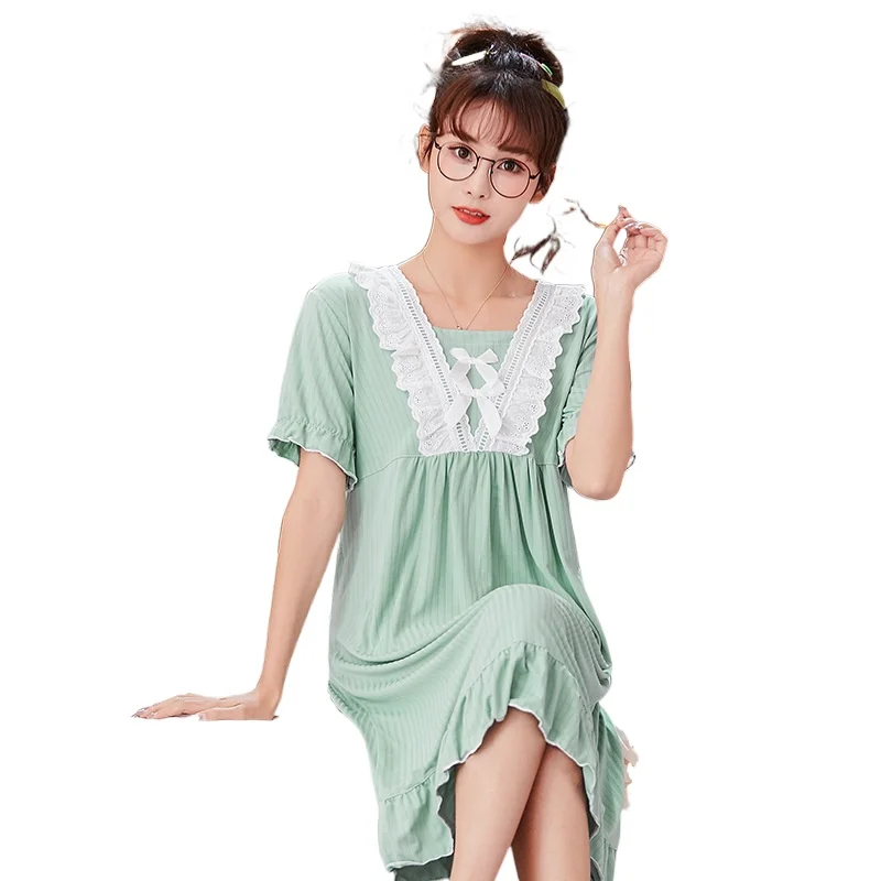 Summer New Nightgown Short Sleeve Female Knee Length Skirt Women's Nightdress Loose Nightwear Home Wear Sleepwear Lingerie