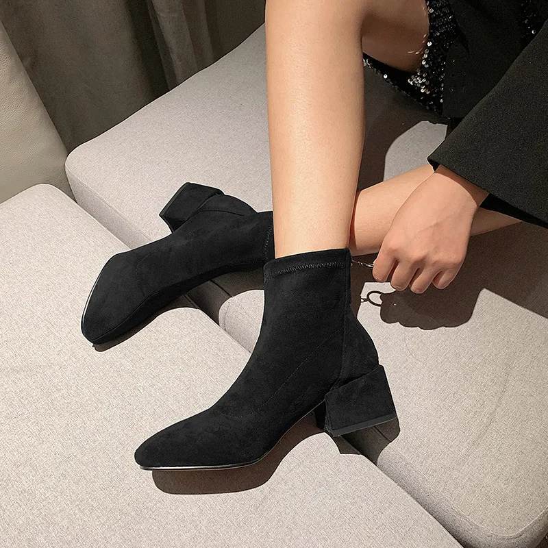 

WETKISS Sock Boots Women Sttetch Flock Ankle Booties Female High Heels Zip Shoes Ladies Square Toe Shoes Women Winter 2020 New