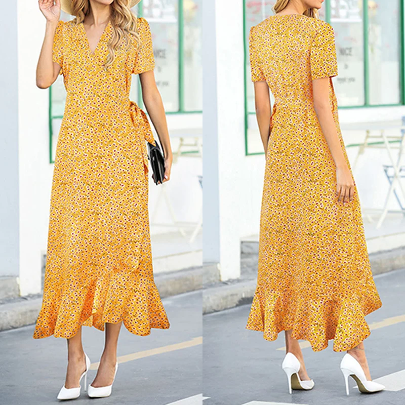 Women Polka Dot Dress Summer Sexy V-neck Beach Boho Long Short Sleeve Ruffle Frill Wrap Vestidos Femme | Женская одежда