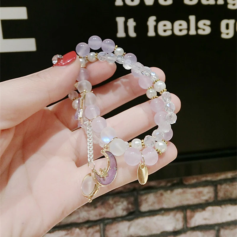New 2pcs/set Moon Star Pink/Green/Purple Crystal Bracelets Set Korean Summer Fashion Bracelet for Women Girls Jewelry YBR310 - купить по