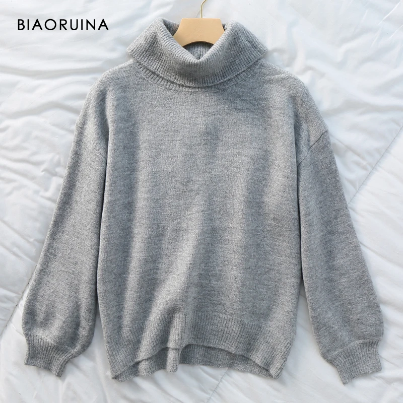 BIAORUINA женский свитер в японском стиле серый однотонный свободный водолазка