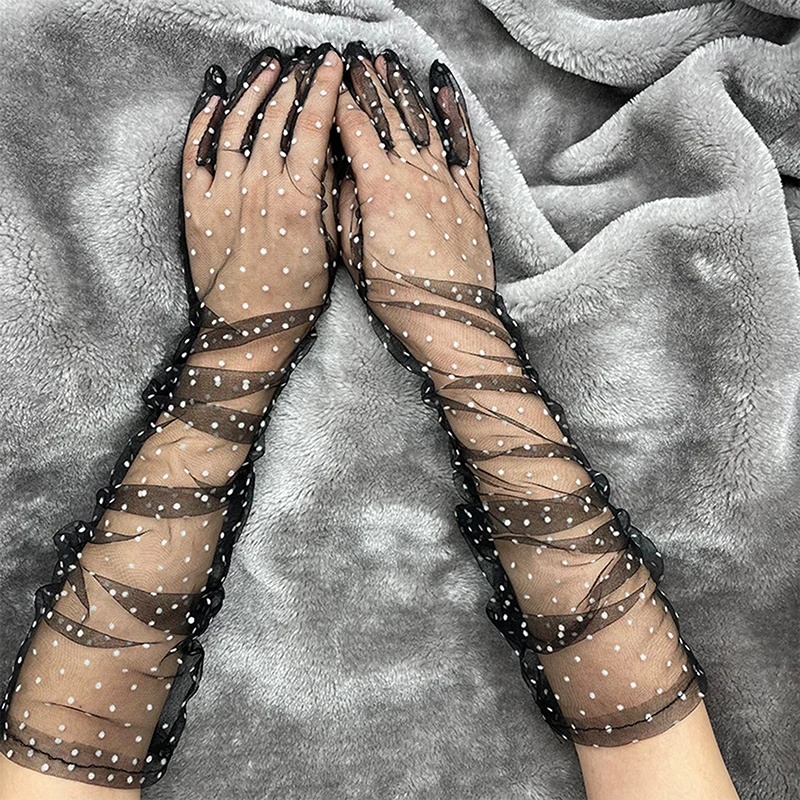 

1 Pair Women Short Tulle Gloves Stretchy Lace Spots Full Finger Mittens Mesh Lace Gloves White Black Dot Wedding Gloves