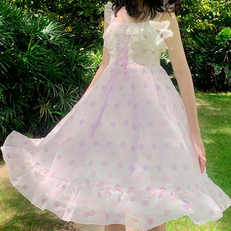 

Японское милое платье лолиты с высокой талией на бретелях в горошек с оборками бессмертный комбинезон женское летнее платье принцессы Лоли...