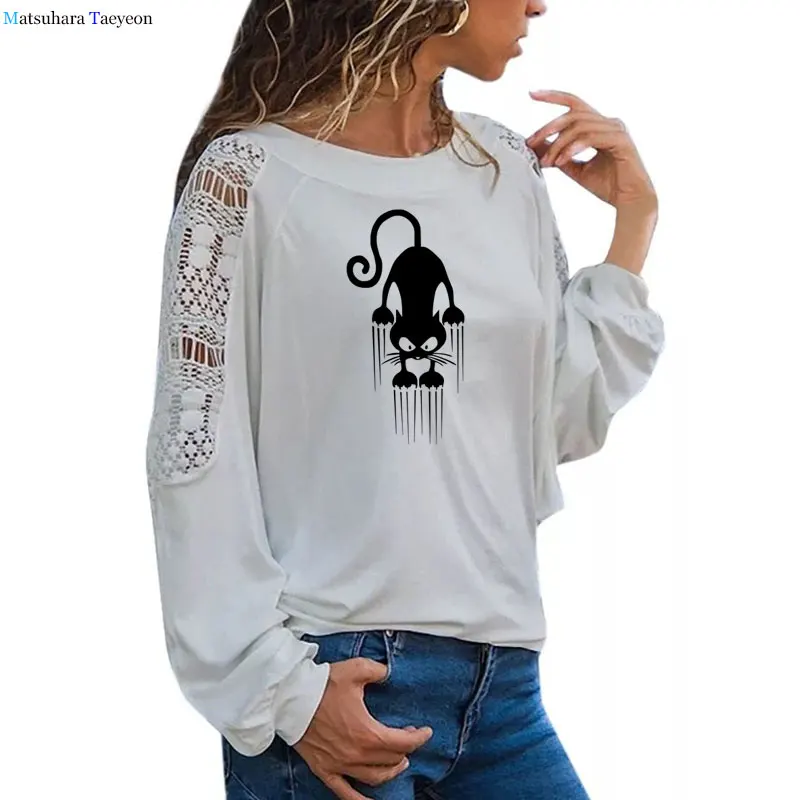 

Funny Animal Cat Pattern Print Long Sleeve Top Women Spring Woman Tshirts Fashion Graphic Tee Streetwear Ropa Mujer 2021 New