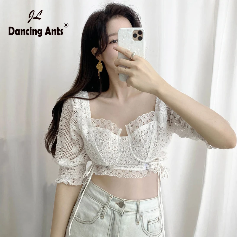 Женские рубашки с квадратным воротником короткий рукав кружевная вышивка