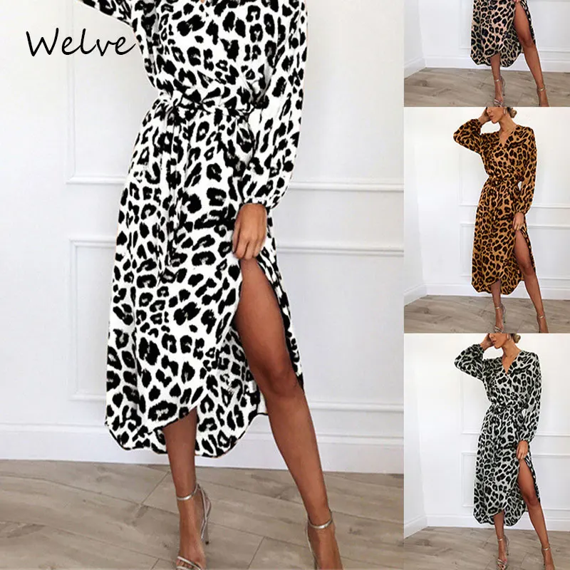 Welve осеннее женское платье новый бренд леопардовое винтажное Luruxy длинный рукав