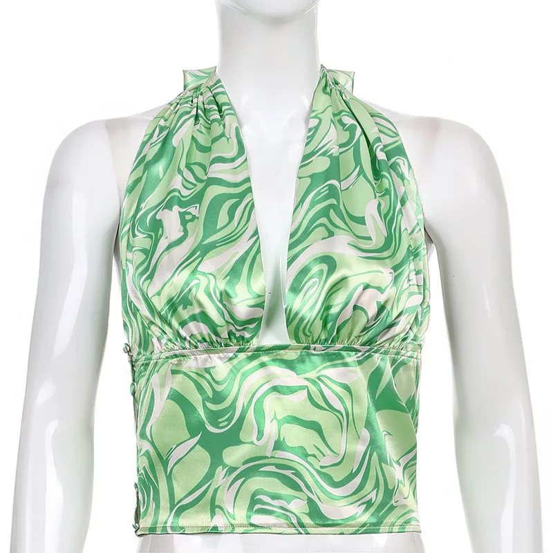 

ALLNeon 2000s Aesthetics Sexy Backless Deep V Crop Tops Y2K Streetwear Summer Ripple Print Sleeveless Green Halter Top Clubwear