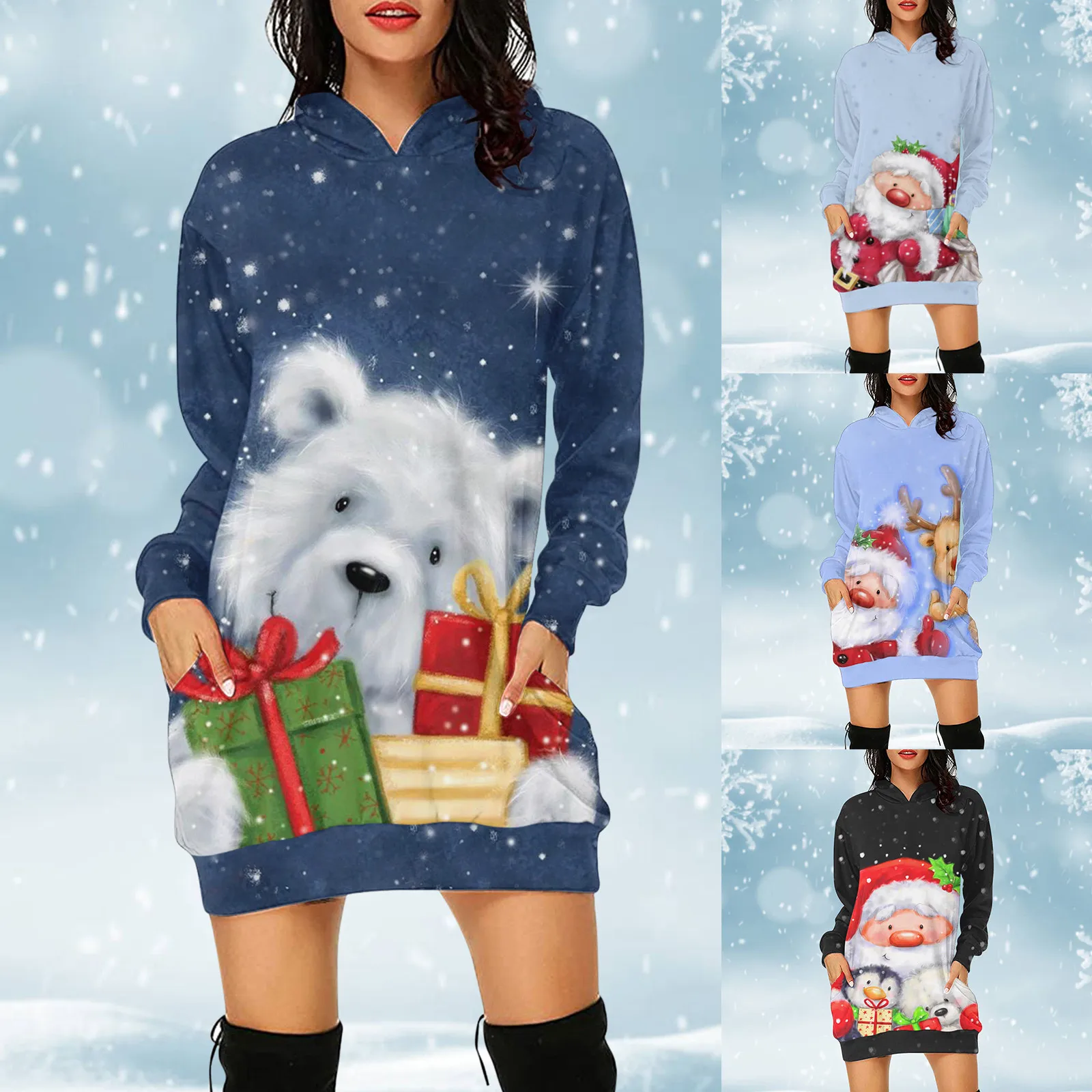 

Модное рождественское мини-платье с капюшоном и длинным рукавом, женские осенне-зимние повседневные платья 2021 с принтом оленя для женщин, Д...