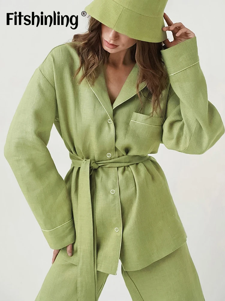 

Пижама на пуговицах Fitshinling, однотонная женская домашняя одежда с поясом, женская ночная рубашка из 2 предметов, повседневная одежда для отдыха с длинным рукавом, 2022