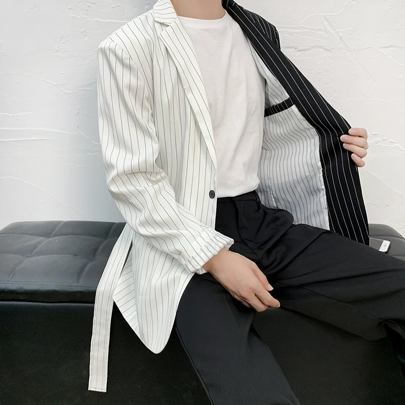 

Fashion Men Blazer Striped Patchwork Streetwear Long Sleeve Lapel Korean Mens Casual Suit With Belt Coats Fitness