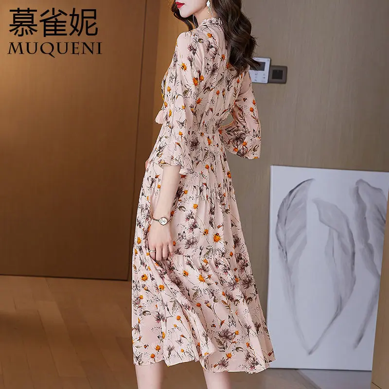 

French Mulberry Silk Floral Dress 2021 New European And American Slim Elegant Fairy Print Medium Long Silk Dress