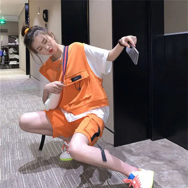 

T-shirt Fake Two-piece Sports Suit Female Summer Student Large Loose Wide Leg Shorts Casual Two-piece Fashion
