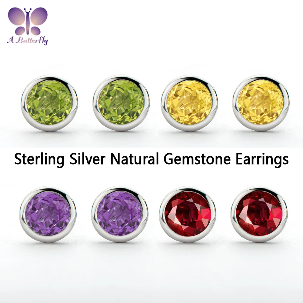 

925 Sterling Silver Jewelry 6 MM Round Cut Natural Olivine Garnet Amethyst Citrine Stud Earrings Stone Shining Quality Guarantee
