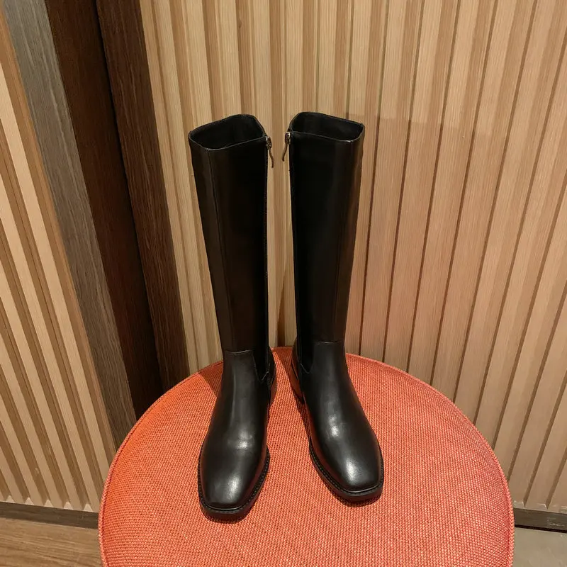 

2021 Concise Side Zipper Genuine Leather Knee-High Ladies Boots Square Tor Thick Heels Shoes Winter Party Basic Shoes Woman