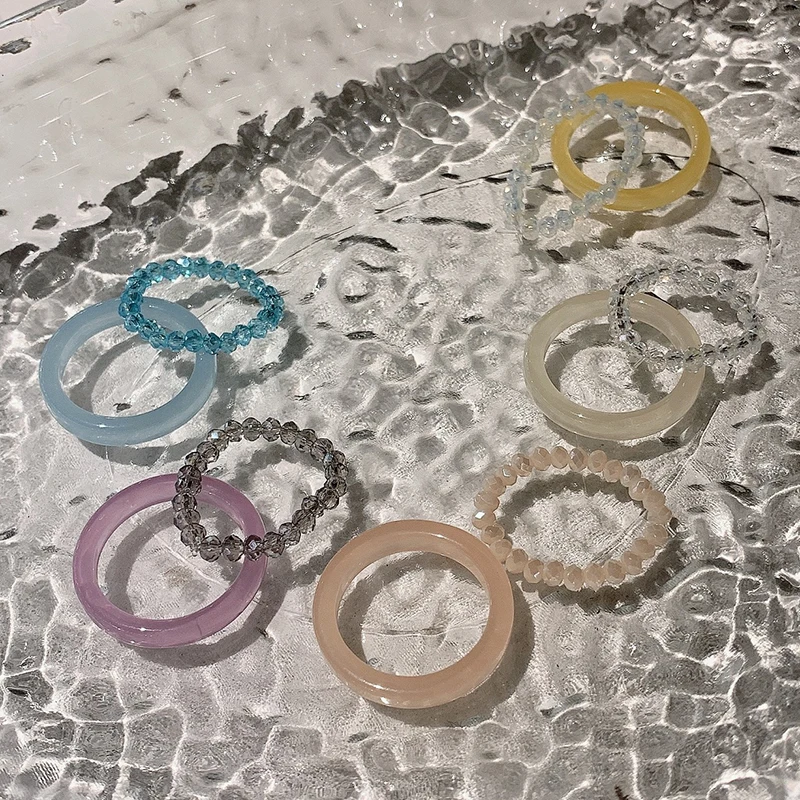 

2Pcs Transparent Resin Rings for Women Colorful Crystal Beads Elastic Round Acrylic Ring Set 2021 Trend Jewelry Friends Gifts